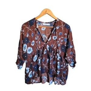 Faithfull the Brand Melia Babydoll Top Size XS Relaxed Fit Brown Blue Floral
